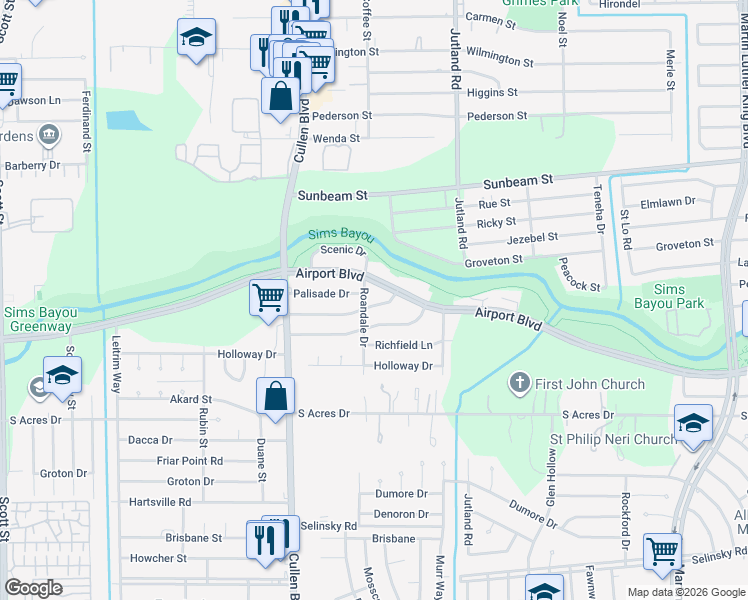 map of restaurants, bars, coffee shops, grocery stores, and more near 4905 Meadow Park Drive in Houston