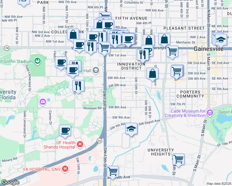 map of restaurants, bars, coffee shops, grocery stores, and more near 618 Southwest 12th Street in Gainesville
