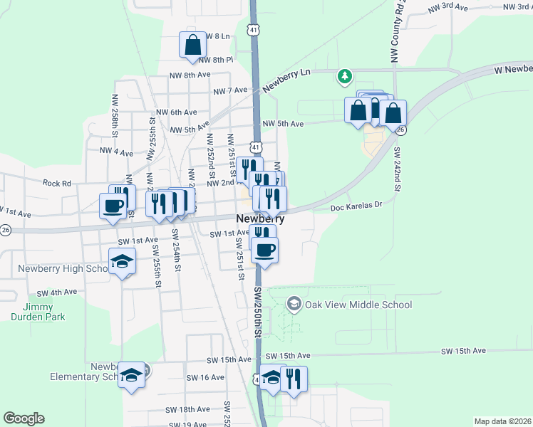 map of restaurants, bars, coffee shops, grocery stores, and more near in Newberry