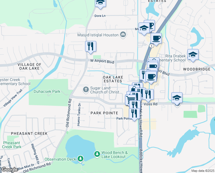 map of restaurants, bars, coffee shops, grocery stores, and more near 11710 Peachwood Lake Drive in Sugar Land
