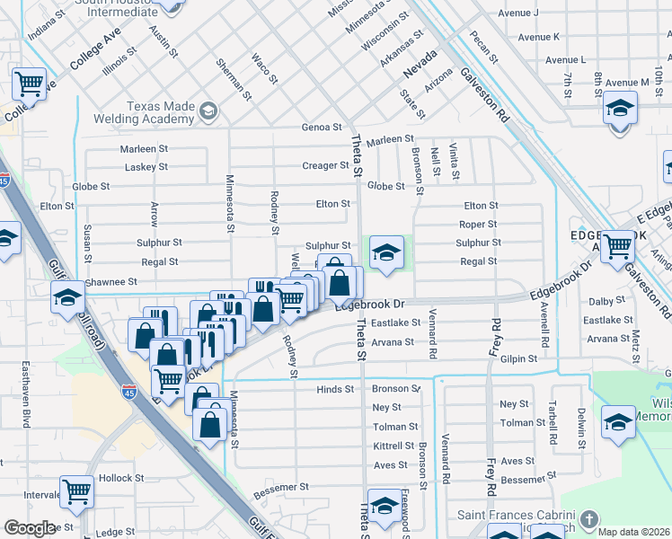 map of restaurants, bars, coffee shops, grocery stores, and more near 806 Shawnee Street in Houston
