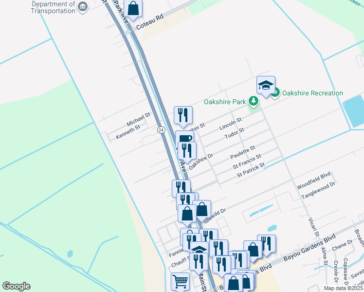 map of restaurants, bars, coffee shops, grocery stores, and more near 5467 West Park Avenue in Houma