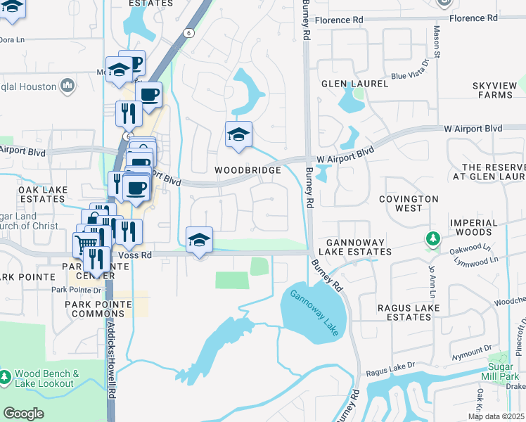 map of restaurants, bars, coffee shops, grocery stores, and more near 14822 Horse Creek Lane in Sugar Land