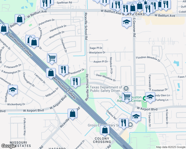 map of restaurants, bars, coffee shops, grocery stores, and more near 8950 Fondren Village Drive in Houston