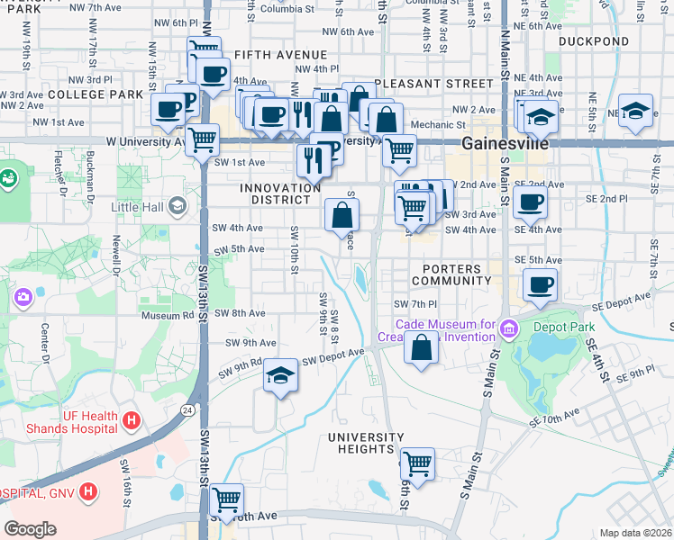 map of restaurants, bars, coffee shops, grocery stores, and more near 629a Southwest 9th Street in Gainesville
