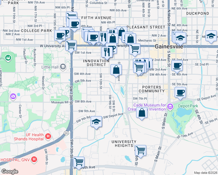 map of restaurants, bars, coffee shops, grocery stores, and more near 629a Southwest 9th Street in Gainesville