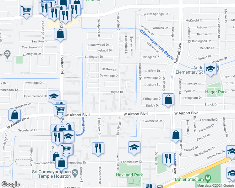 map of restaurants, bars, coffee shops, grocery stores, and more near 12128 Bob White Drive in Houston