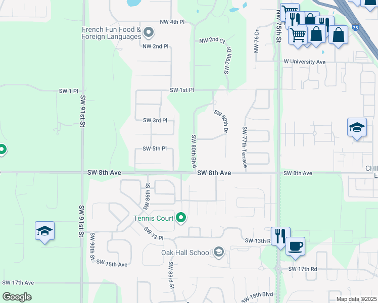 map of restaurants, bars, coffee shops, grocery stores, and more near 621 Southwest 80th Boulevard in Gainesville