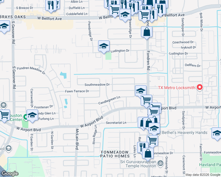 map of restaurants, bars, coffee shops, grocery stores, and more near 12127 Fairmeadow Drive in Houston