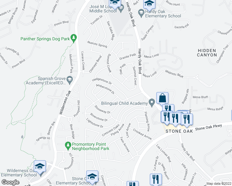 map of restaurants, bars, coffee shops, grocery stores, and more near 922 Amberstone Drive in San Antonio