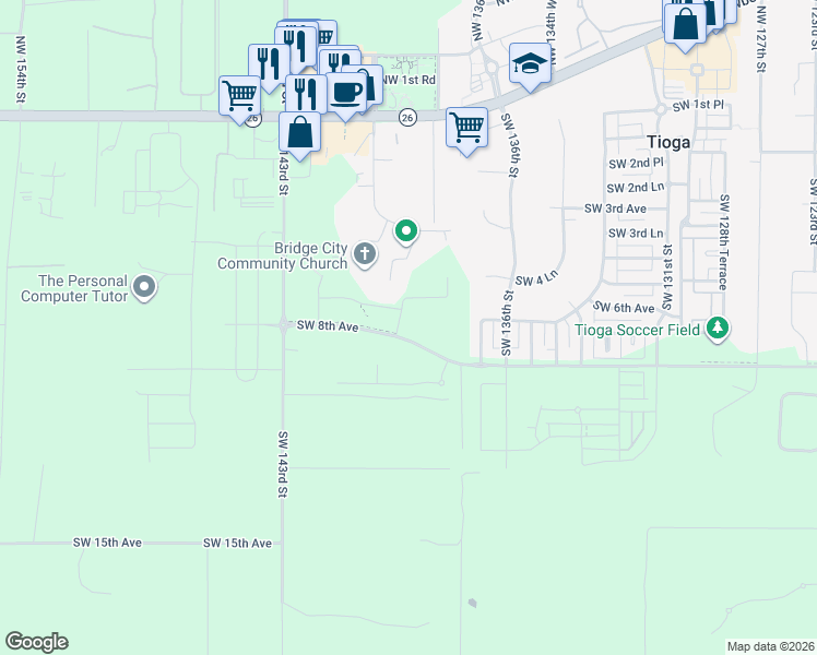 map of restaurants, bars, coffee shops, grocery stores, and more near 707 Southwest 143rd Street in Newberry
