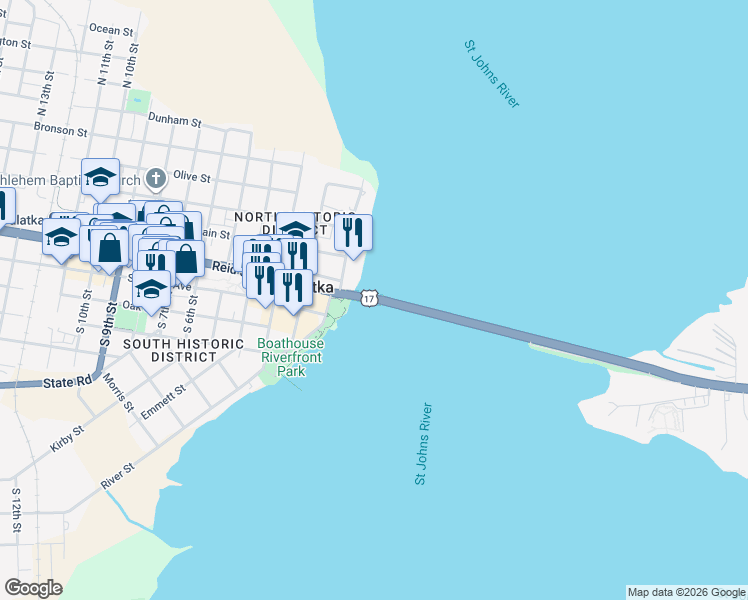 map of restaurants, bars, coffee shops, grocery stores, and more near 43 U.S. 17 in Palatka