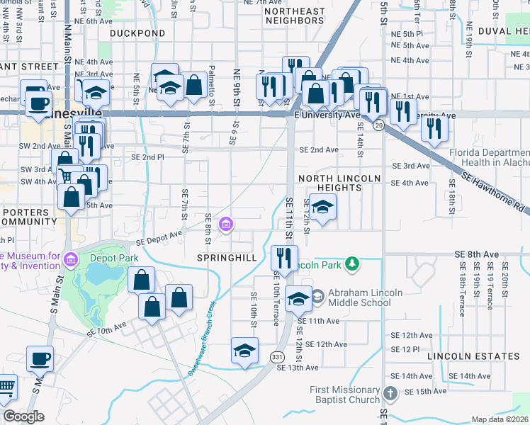 map of restaurants, bars, coffee shops, grocery stores, and more near 616 Southeast 10th Terrace in Gainesville