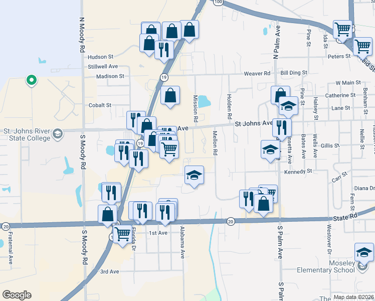 map of restaurants, bars, coffee shops, grocery stores, and more near 3801 Saint Johns Avenue in Palatka