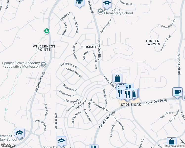 map of restaurants, bars, coffee shops, grocery stores, and more near 25135 Summit Creek in San Antonio