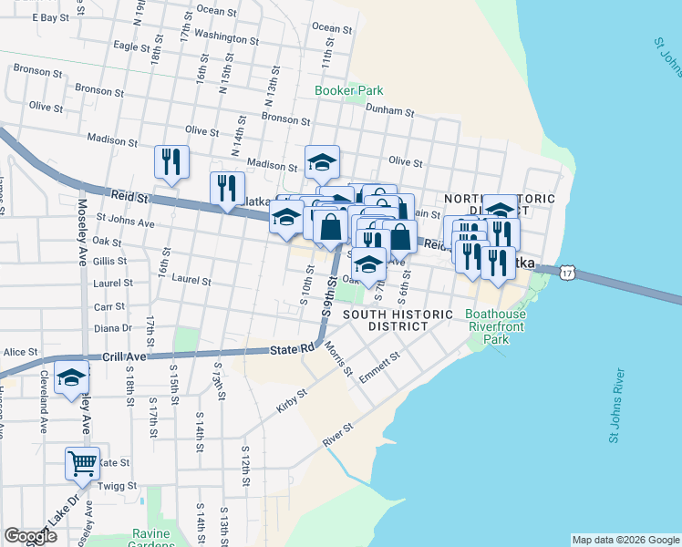 map of restaurants, bars, coffee shops, grocery stores, and more near 809 Saint Johns Avenue in Palatka