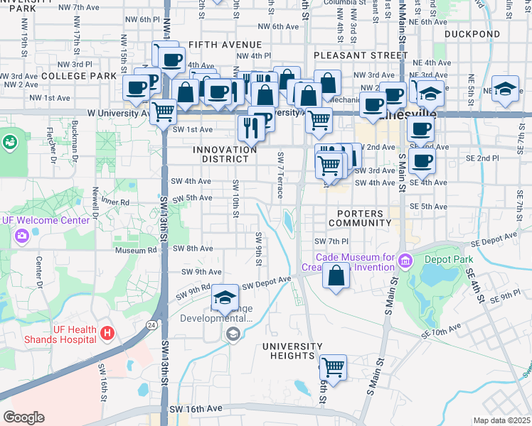map of restaurants, bars, coffee shops, grocery stores, and more near 849 Southwest 5th Avenue in Gainesville
