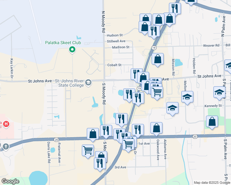 map of restaurants, bars, coffee shops, grocery stores, and more near 4909 Saint Johns Avenue in Palatka