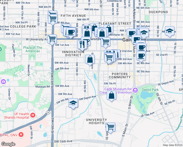 map of restaurants, bars, coffee shops, grocery stores, and more near 702 Southwest 5th Avenue in Gainesville