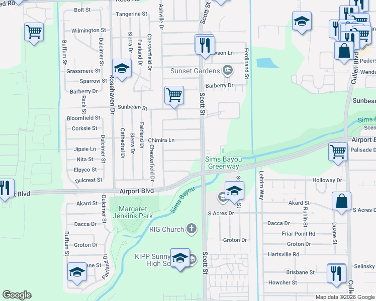 map of restaurants, bars, coffee shops, grocery stores, and more near 3614 Chimira Lane in Houston