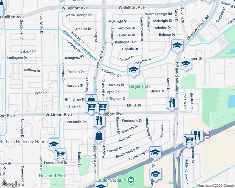 map of restaurants, bars, coffee shops, grocery stores, and more near 5822 Dryad Drive in Houston