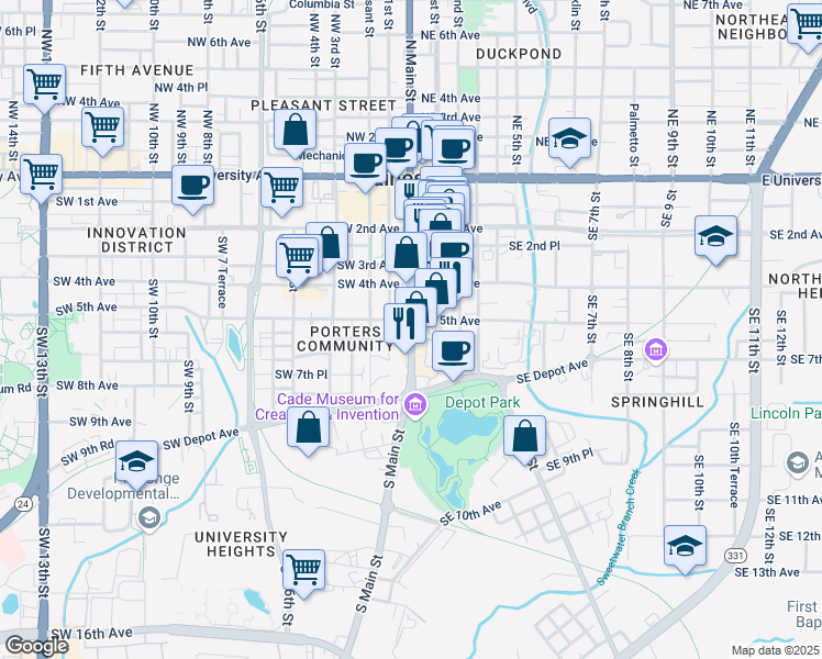 map of restaurants, bars, coffee shops, grocery stores, and more near 525 South Main Street in Gainesville