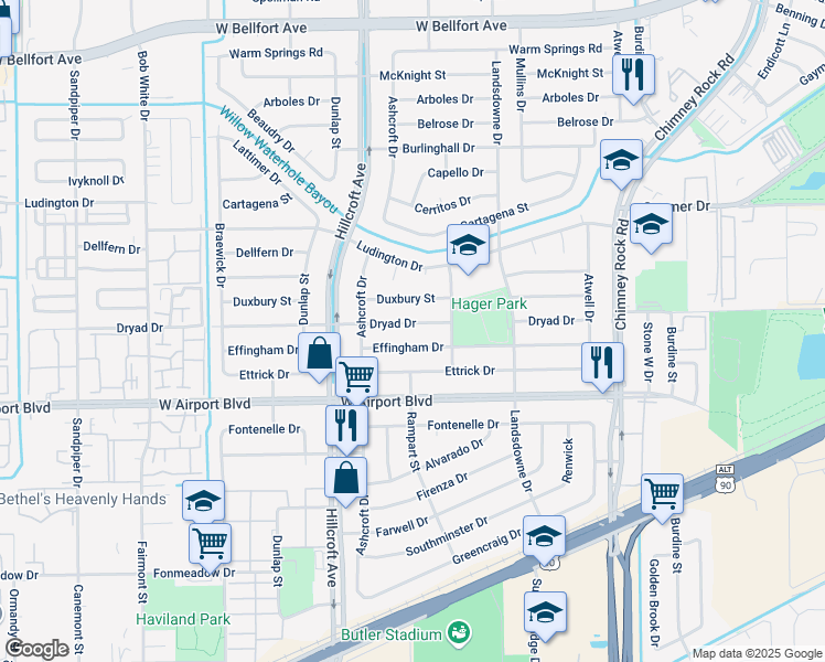 map of restaurants, bars, coffee shops, grocery stores, and more near 5822 Dryad Drive in Houston