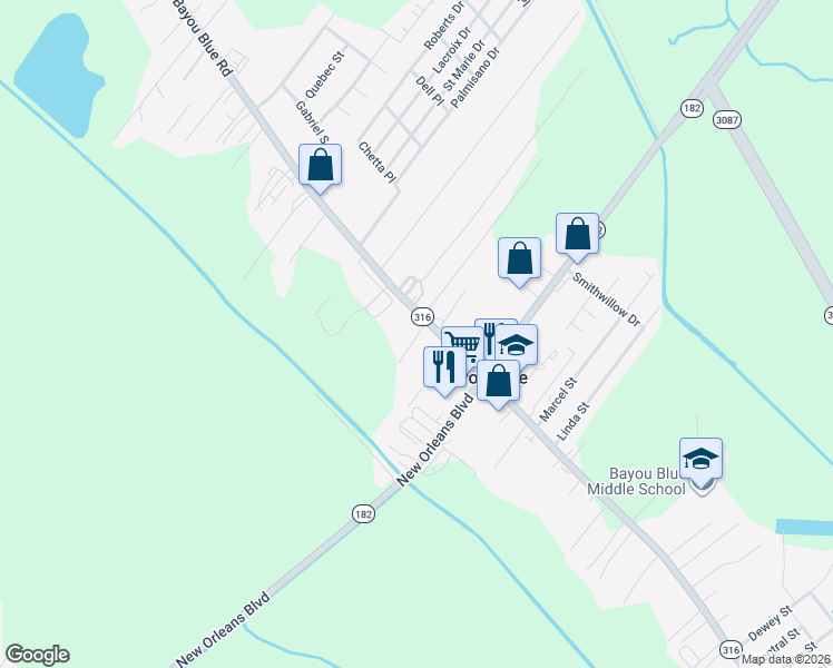 map of restaurants, bars, coffee shops, grocery stores, and more near 2034 Bayou Blue Road in Houma