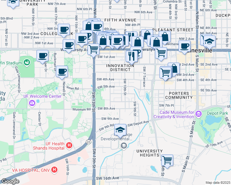 map of restaurants, bars, coffee shops, grocery stores, and more near 1100 Southwest 6 Avenue in Gainesville