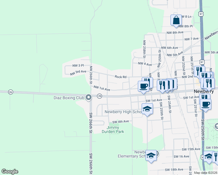 map of restaurants, bars, coffee shops, grocery stores, and more near 225 Northwest 264 Street in Newberry