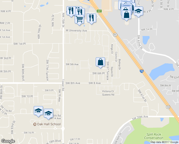map of restaurants, bars, coffee shops, grocery stores, and more near 491 Southwest 70th Terrace in Gainesville