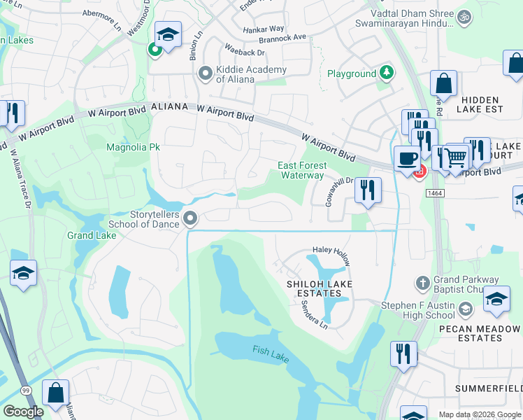 map of restaurants, bars, coffee shops, grocery stores, and more near 17402 Galloway Forest Drive in Richmond