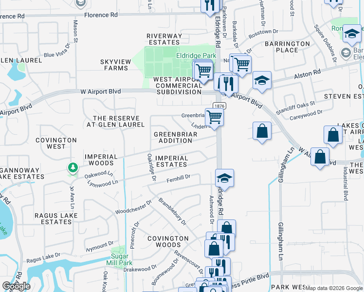 map of restaurants, bars, coffee shops, grocery stores, and more near 1815 Oaklawn Street in Sugar Land