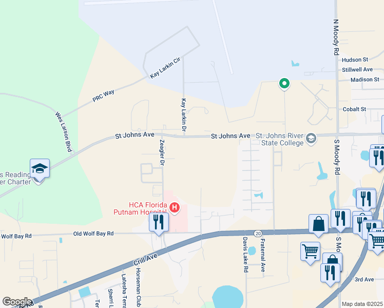 map of restaurants, bars, coffee shops, grocery stores, and more near 6501 Saint Johns Avenue in Palatka