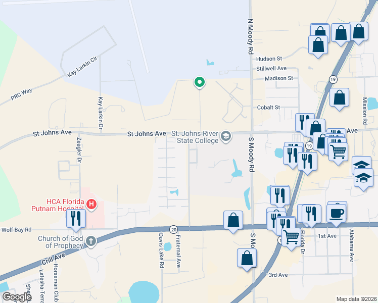 map of restaurants, bars, coffee shops, grocery stores, and more near 200 College Road in Palatka