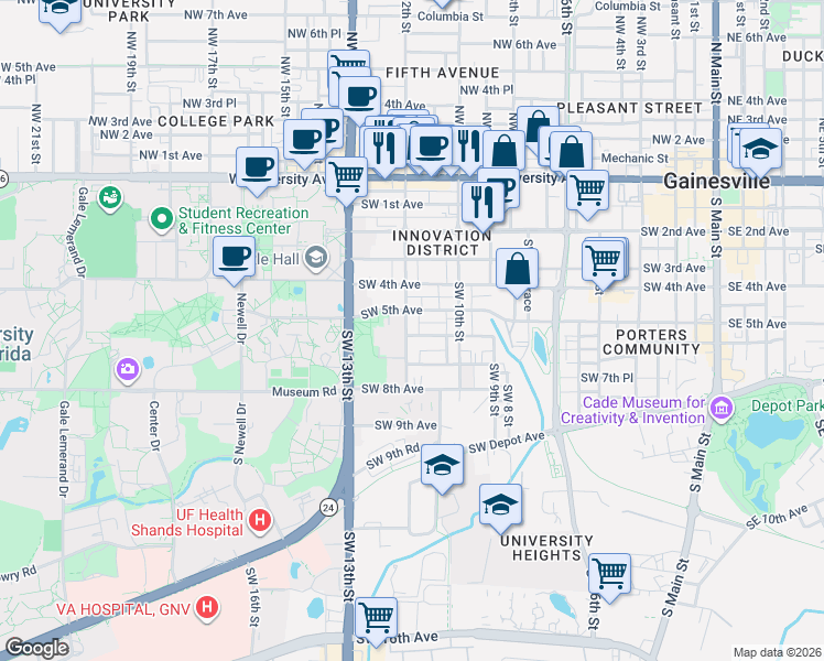 map of restaurants, bars, coffee shops, grocery stores, and more near 1128 Southwest 6th Avenue in Gainesville