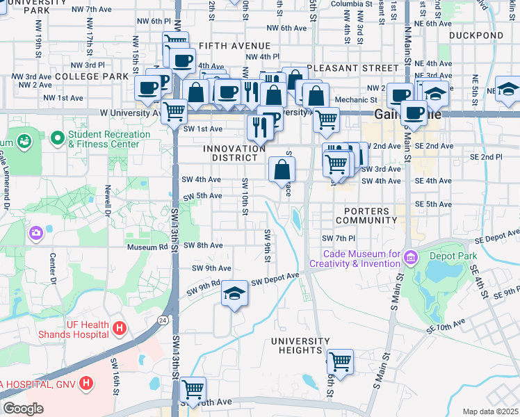 map of restaurants, bars, coffee shops, grocery stores, and more near 849 Southwest 5th Avenue in Gainesville