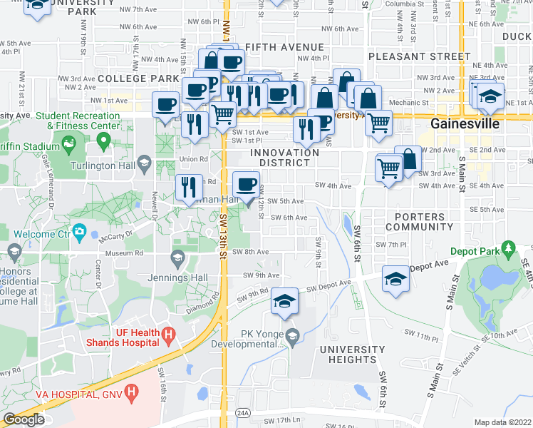 map of restaurants, bars, coffee shops, grocery stores, and more near 1119 Southwest 5th Avenue in Gainesville