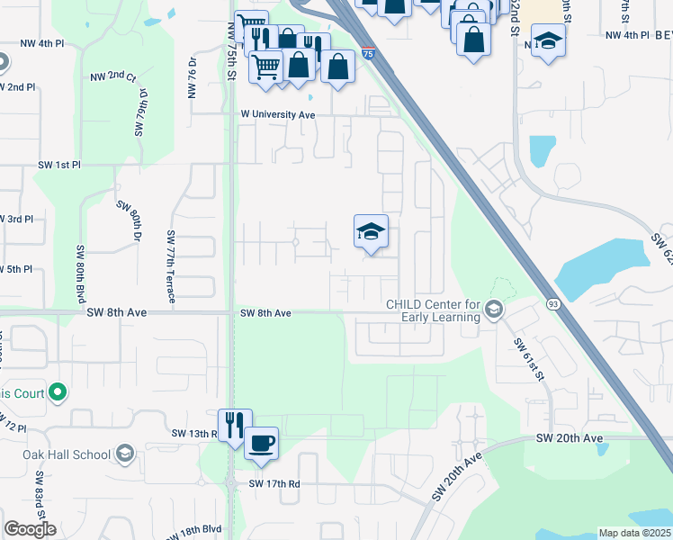 map of restaurants, bars, coffee shops, grocery stores, and more near 491 Southwest 70th Way in Gainesville
