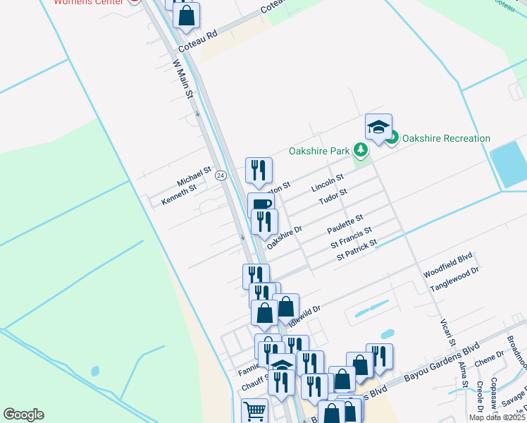 map of restaurants, bars, coffee shops, grocery stores, and more near 117A Hampton Street in Houma