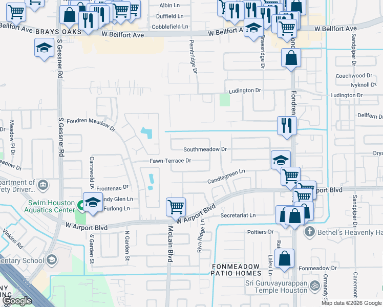 map of restaurants, bars, coffee shops, grocery stores, and more near 7934 Southmeadow Drive in Houston