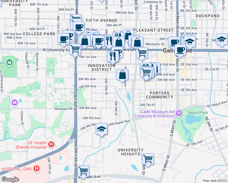 map of restaurants, bars, coffee shops, grocery stores, and more near 849 Southwest 5th Avenue in Gainesville