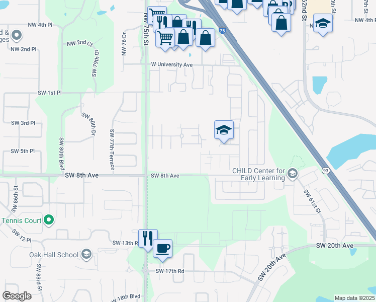 map of restaurants, bars, coffee shops, grocery stores, and more near 7174 Southwest 5th Road in Gainesville