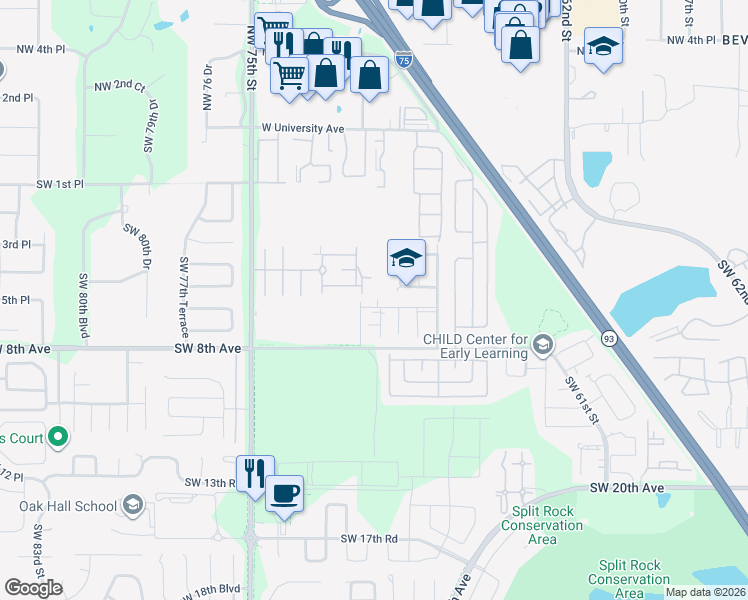 map of restaurants, bars, coffee shops, grocery stores, and more near 491 Southwest 70th Way in Gainesville