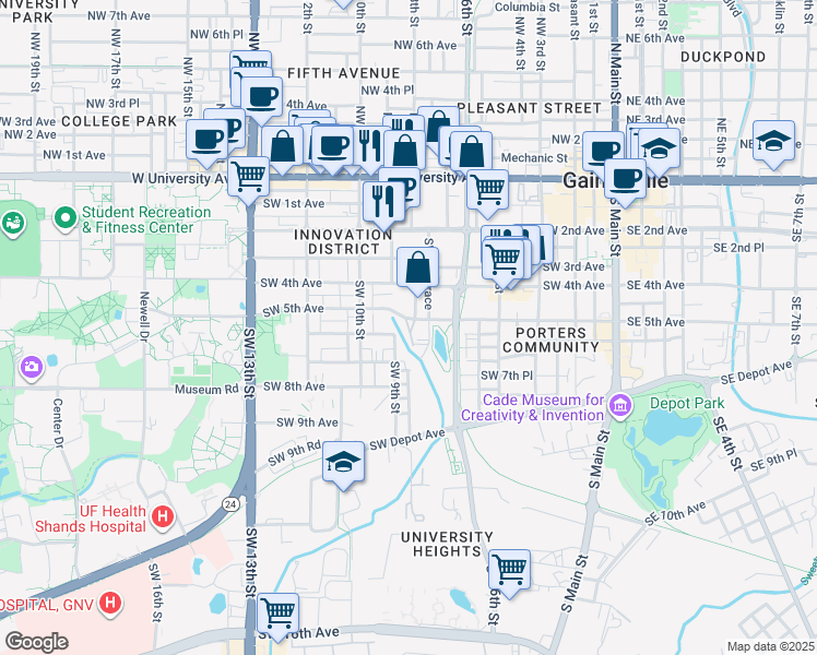 map of restaurants, bars, coffee shops, grocery stores, and more near 801 Southwest 5th Avenue in Gainesville