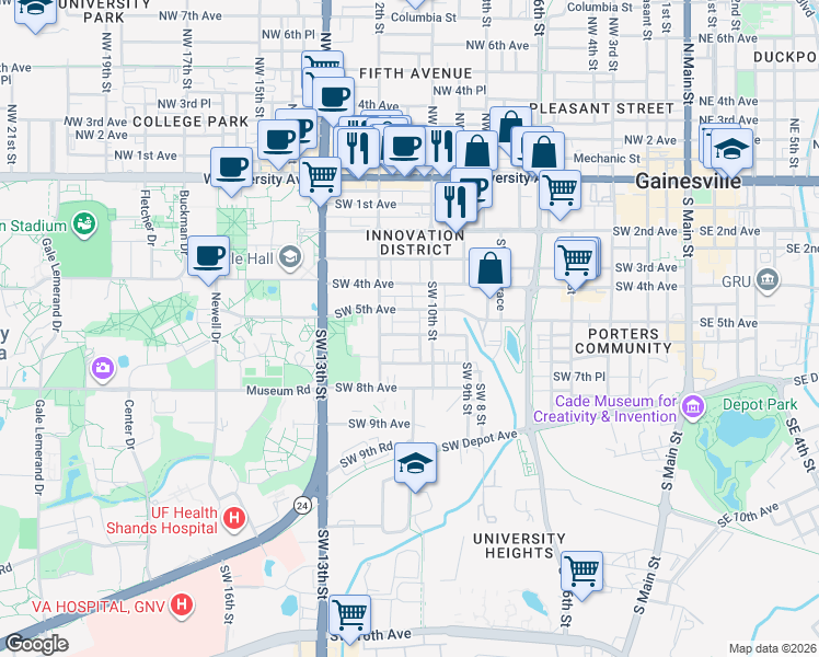 map of restaurants, bars, coffee shops, grocery stores, and more near 1026 Southwest 6th Avenue in Gainesville