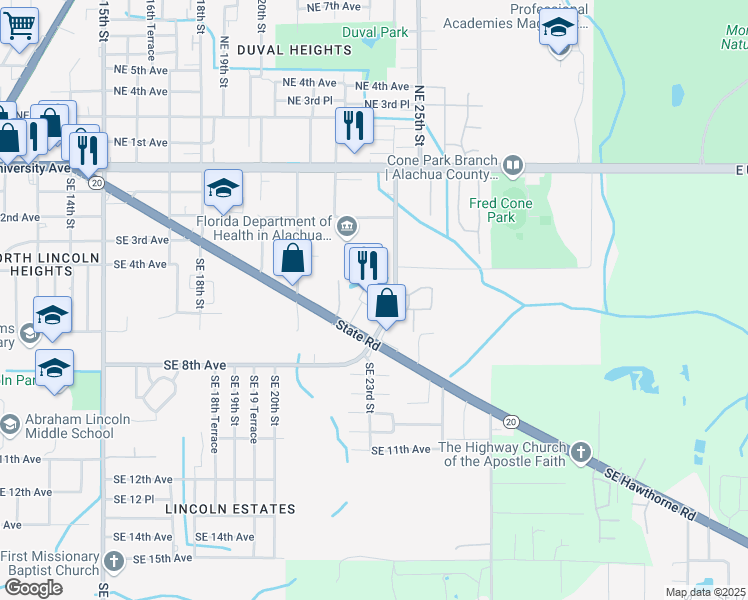 map of restaurants, bars, coffee shops, grocery stores, and more near 2302 Southeast Hawthorne Road in Gainesville