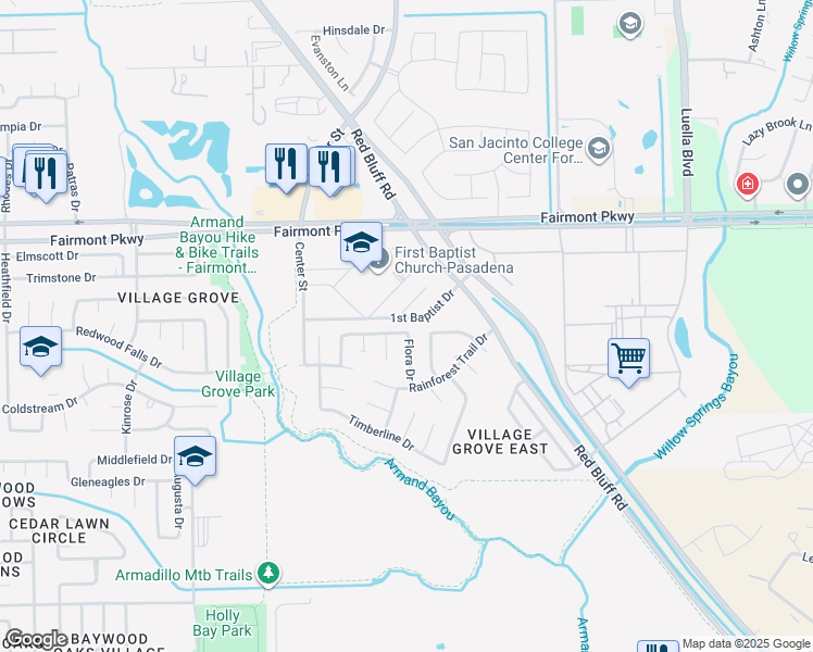 map of restaurants, bars, coffee shops, grocery stores, and more near 7527 Tranquil River Drive in Pasadena