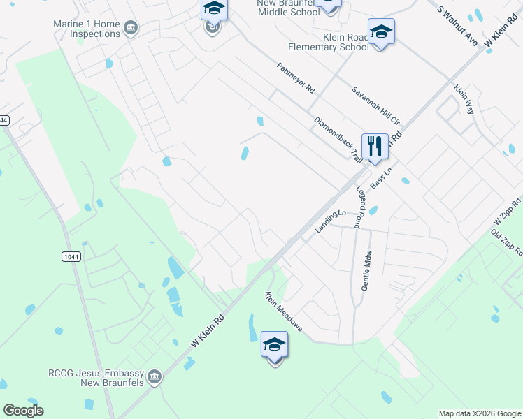map of restaurants, bars, coffee shops, grocery stores, and more near 914 West Klein Road in New Braunfels