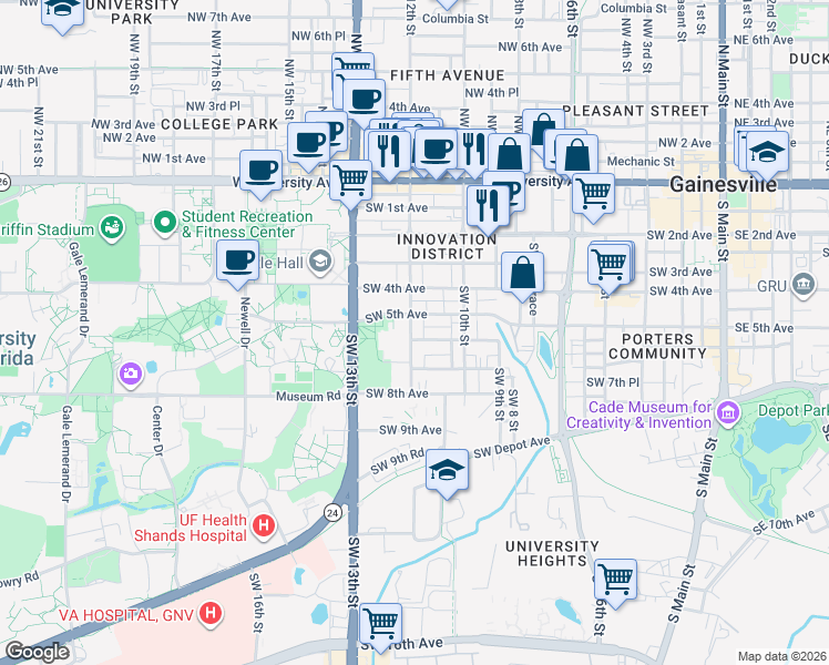 map of restaurants, bars, coffee shops, grocery stores, and more near 517 Southwest 12th Street in Gainesville